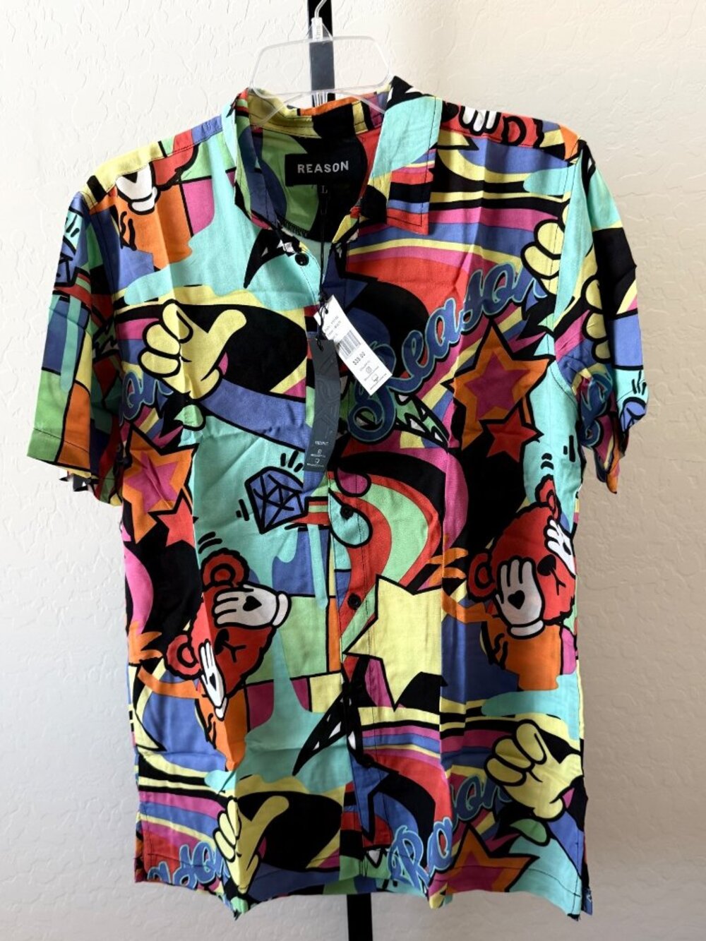 New! Reason Shy bear Geometric Button down shirts sz L